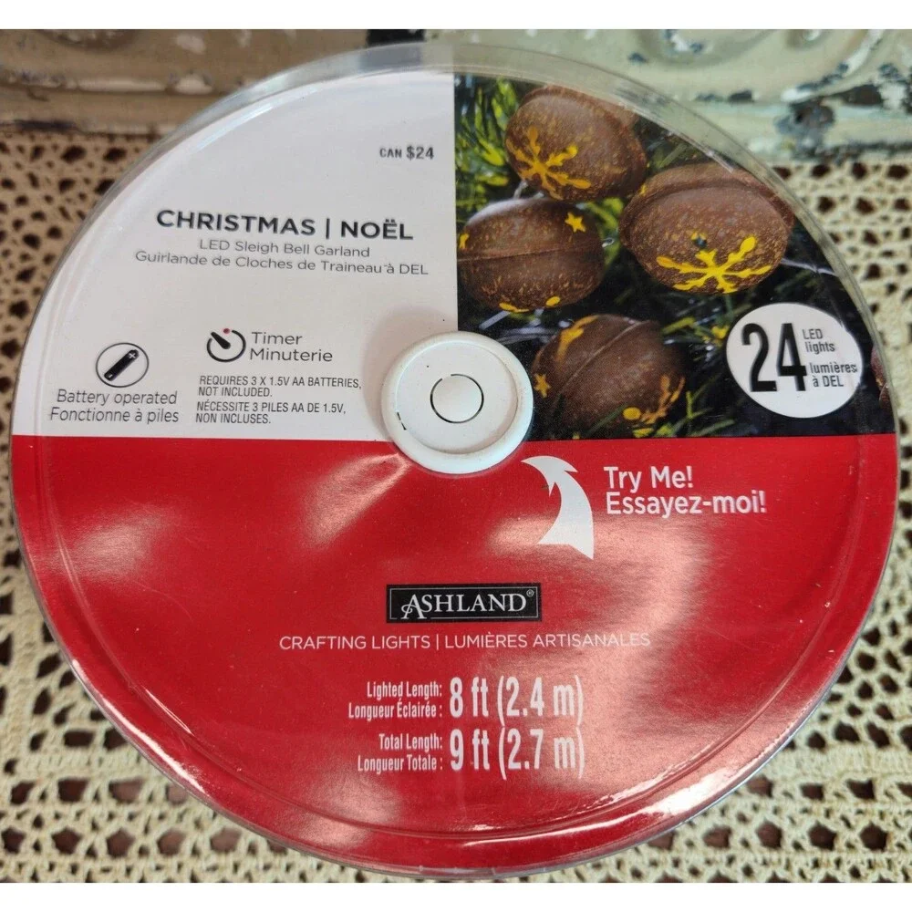 NIB Battery Op LED Lighted Crafting Sleigh Bell Garland 9 ft (working order)